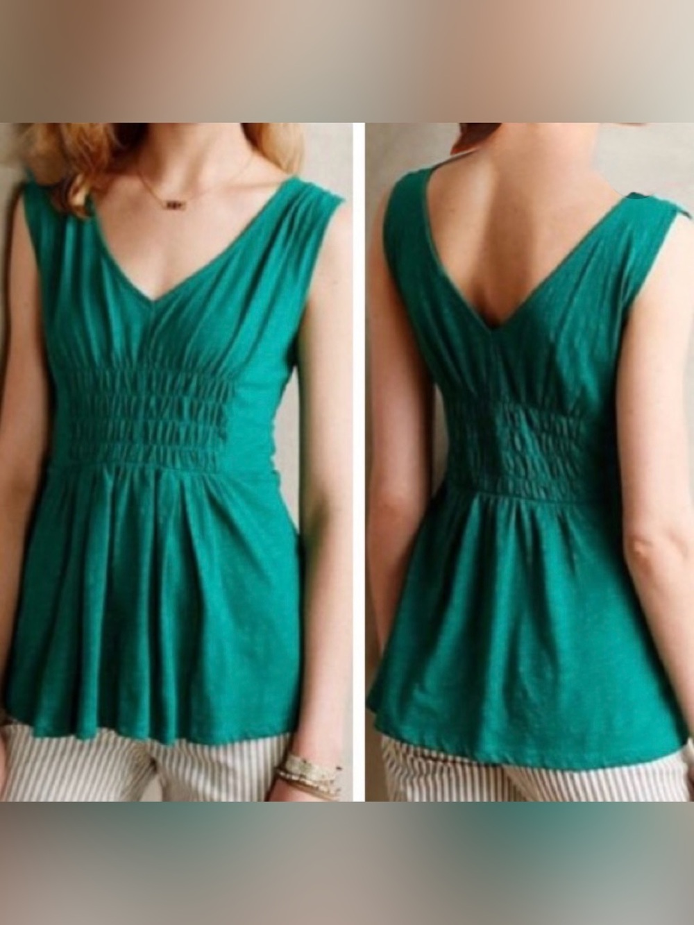 Deletta Anthropologie Smocked Waist Tank Top Emerald Green Boho Coquette Soft